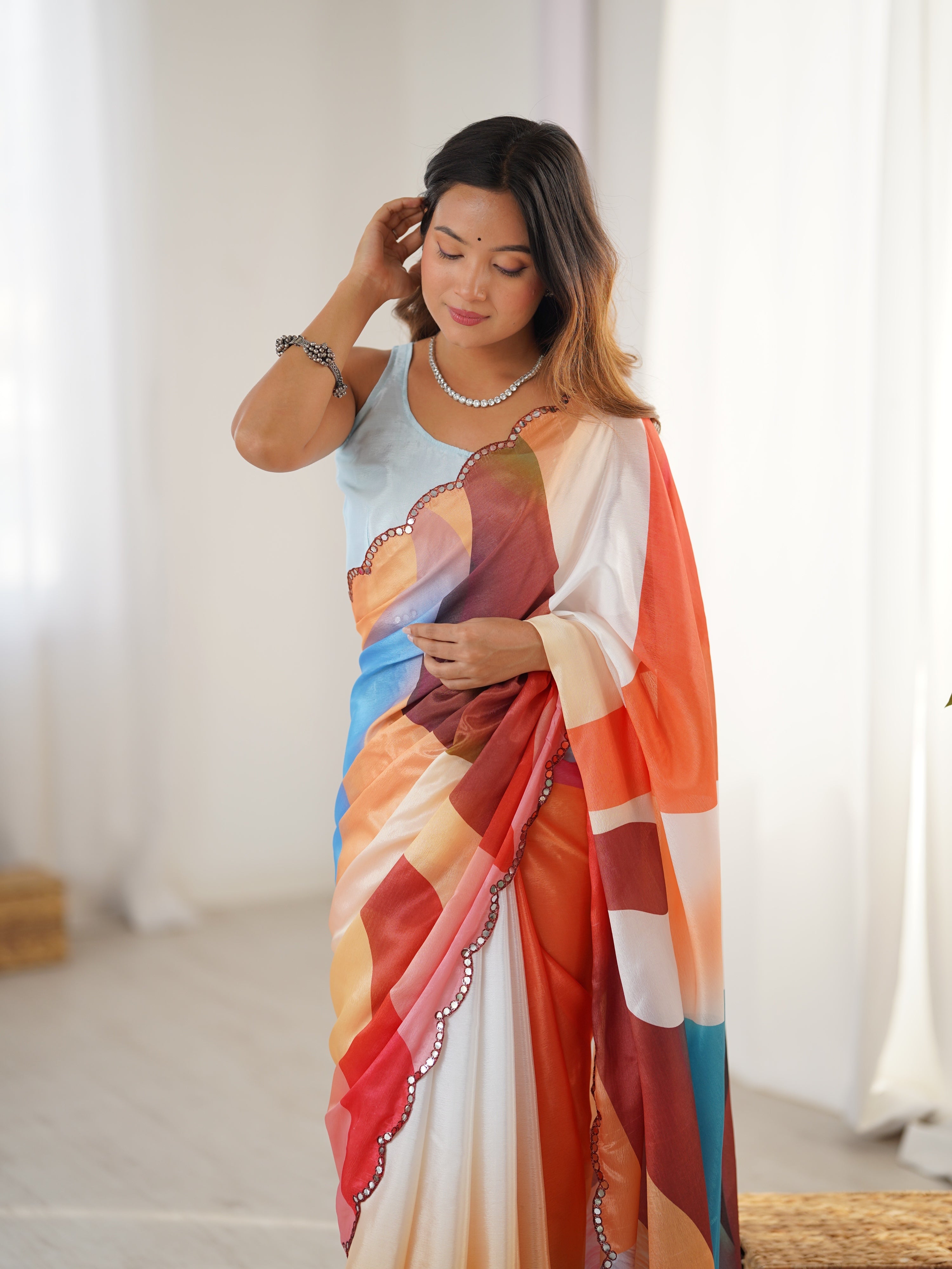 Jyoti Fashion Women's Multicolor Chinon Digital Printed Designer Saree with Blouse - Distacart