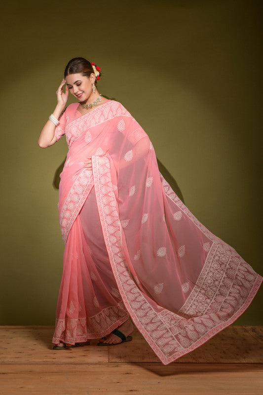 Jyoti Fashion Women's Onion Lakhnavi Thread work Georgette Saree with Blouse - Distacart