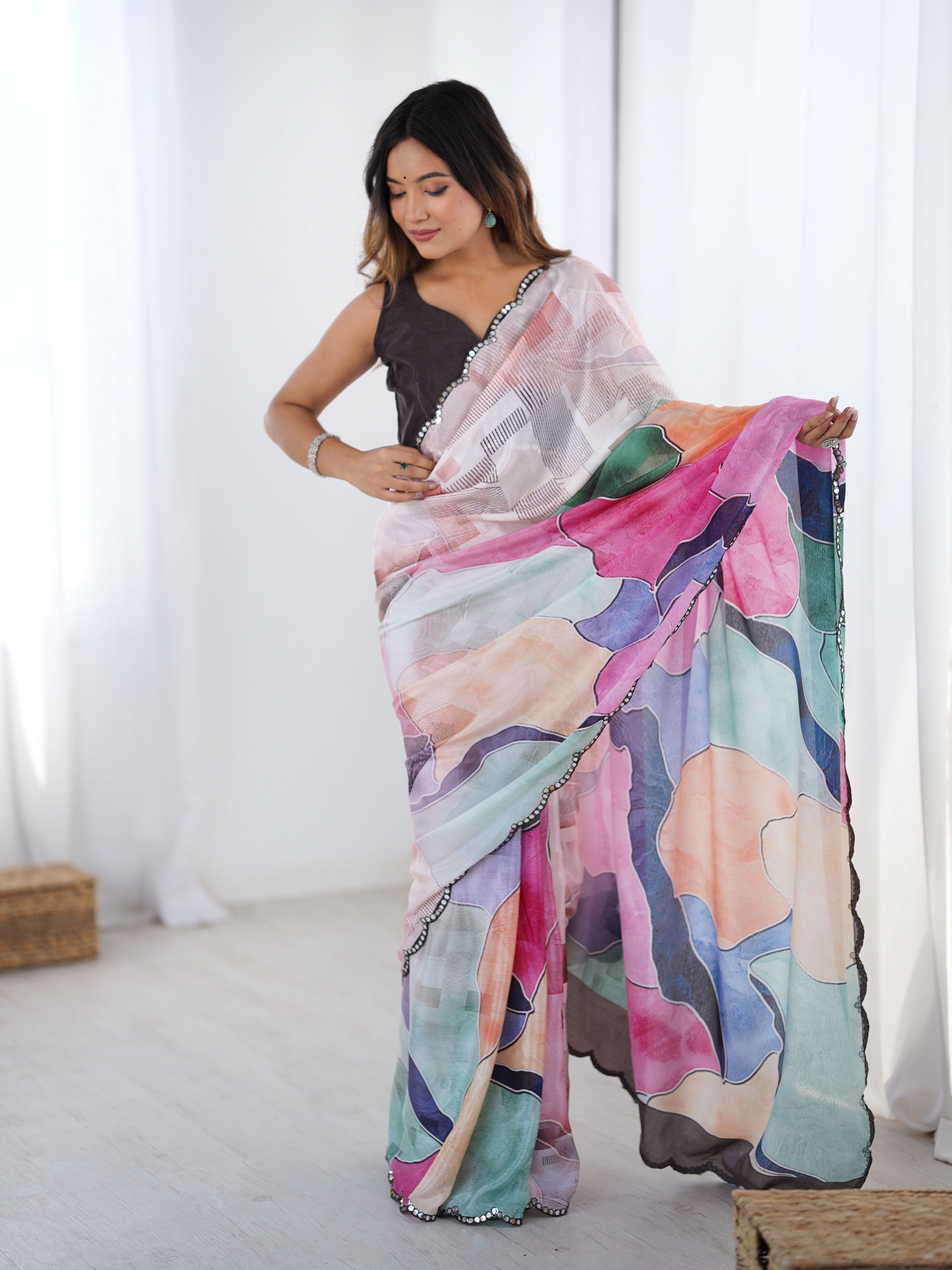 Jyoti Fashion Women's Multicolor Chinon Digital Printed Designer Saree with Blouse - Distacart