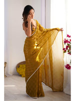 Thumbnail for Jyoti Fashion Women's Mustard Box Chiffon Moti Lace Border Designer Saree with Blouse - Distacart