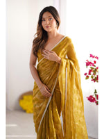Thumbnail for Jyoti Fashion Women's Mustard Box Chiffon Moti Lace Border Designer Saree with Blouse - Distacart