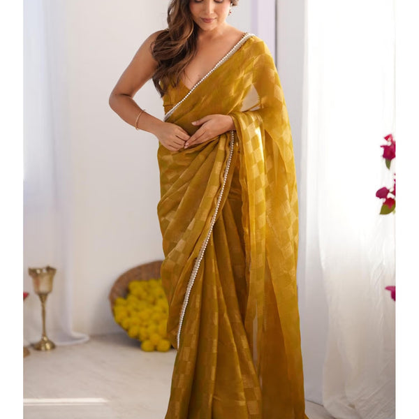 Jyoti Fashion Women's Mustard Box Chiffon Moti Lace Border Designer Saree with Blouse - Distacart