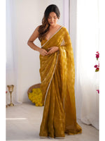 Thumbnail for Jyoti Fashion Women's Mustard Box Chiffon Moti Lace Border Designer Saree with Blouse - Distacart
