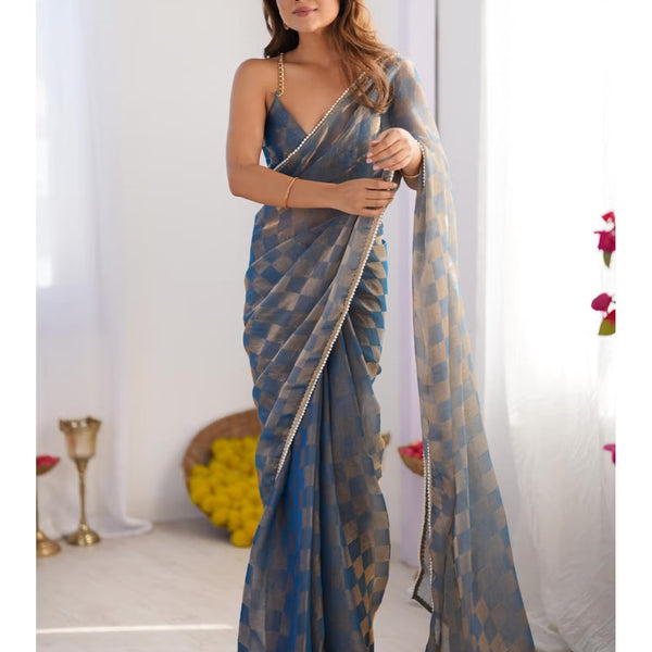 Jyoti Fashion Women's Blue Box Chiffon Moti Lace Border Designer Saree with Blouse - Distacart