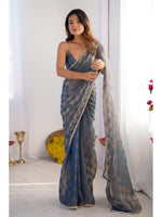 Thumbnail for Jyoti Fashion Women's Blue Box Chiffon Moti Lace Border Designer Saree with Blouse - Distacart