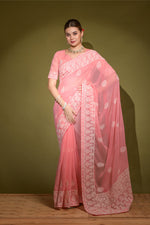 Thumbnail for Jyoti Fashion Women's Onion Lakhnavi Thread work Georgette Saree with Blouse - Distacart