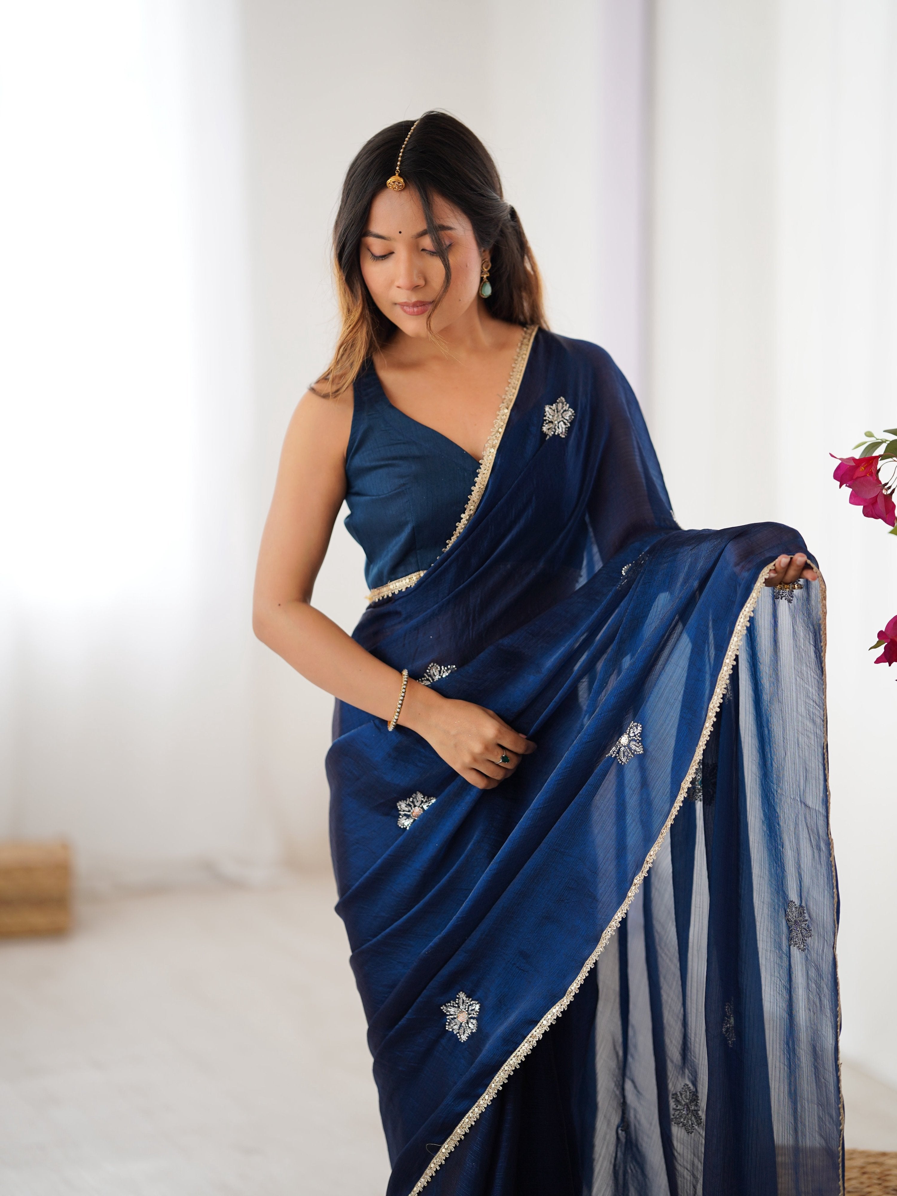 Jyoti Fashion Women's Navy Blue Soft Fendy Embroidered Designer Saree with Blouse - Distacart