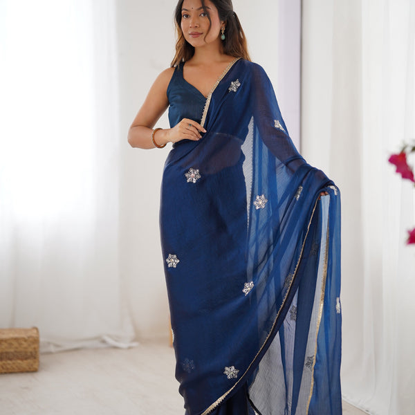 Jyoti Fashion Women's Navy Blue Soft Fendy Embroidered Designer Saree with Blouse - Distacart