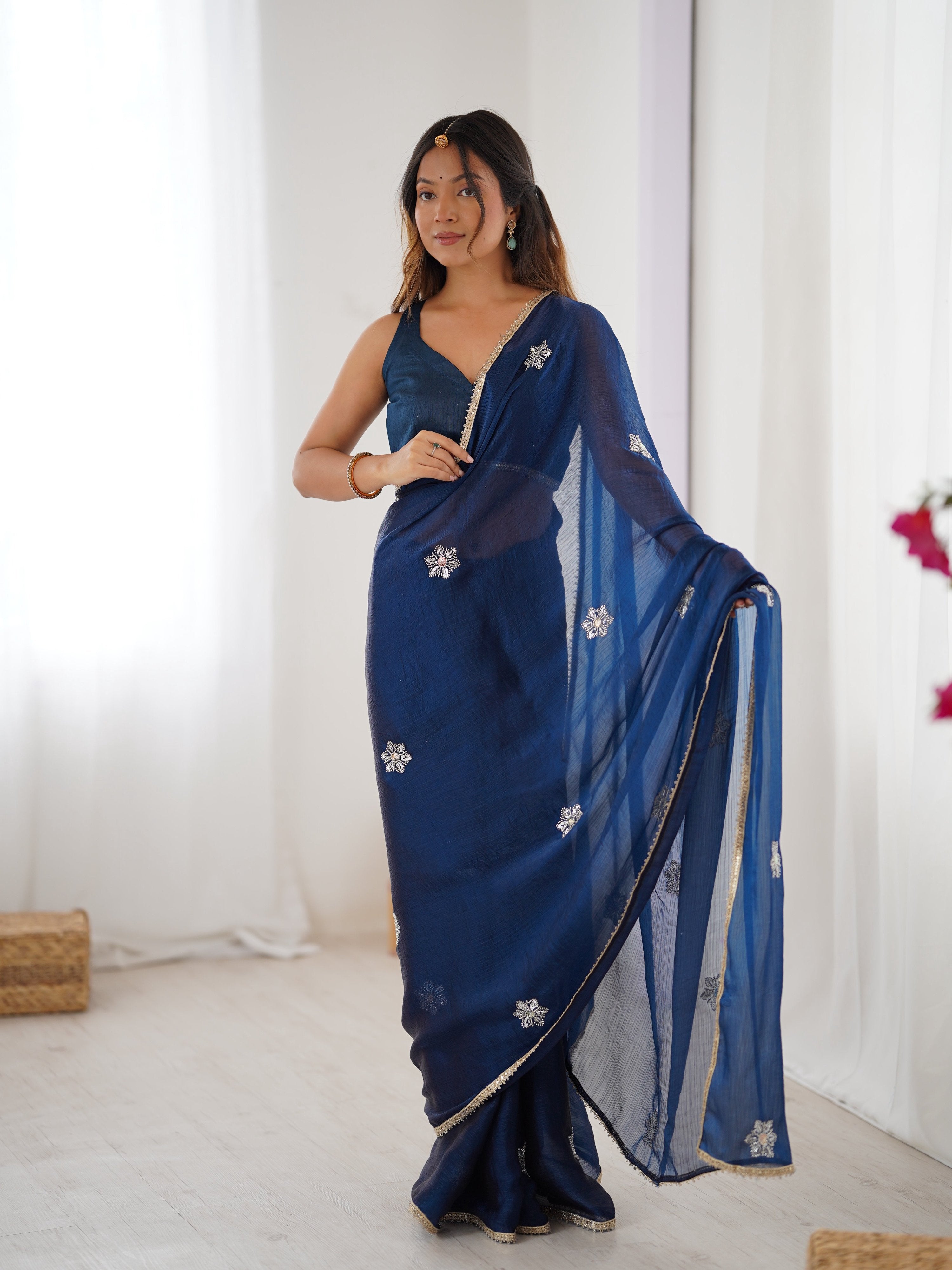 Jyoti Fashion Women's Navy Blue Soft Fendy Embroidered Designer Saree with Blouse - Distacart