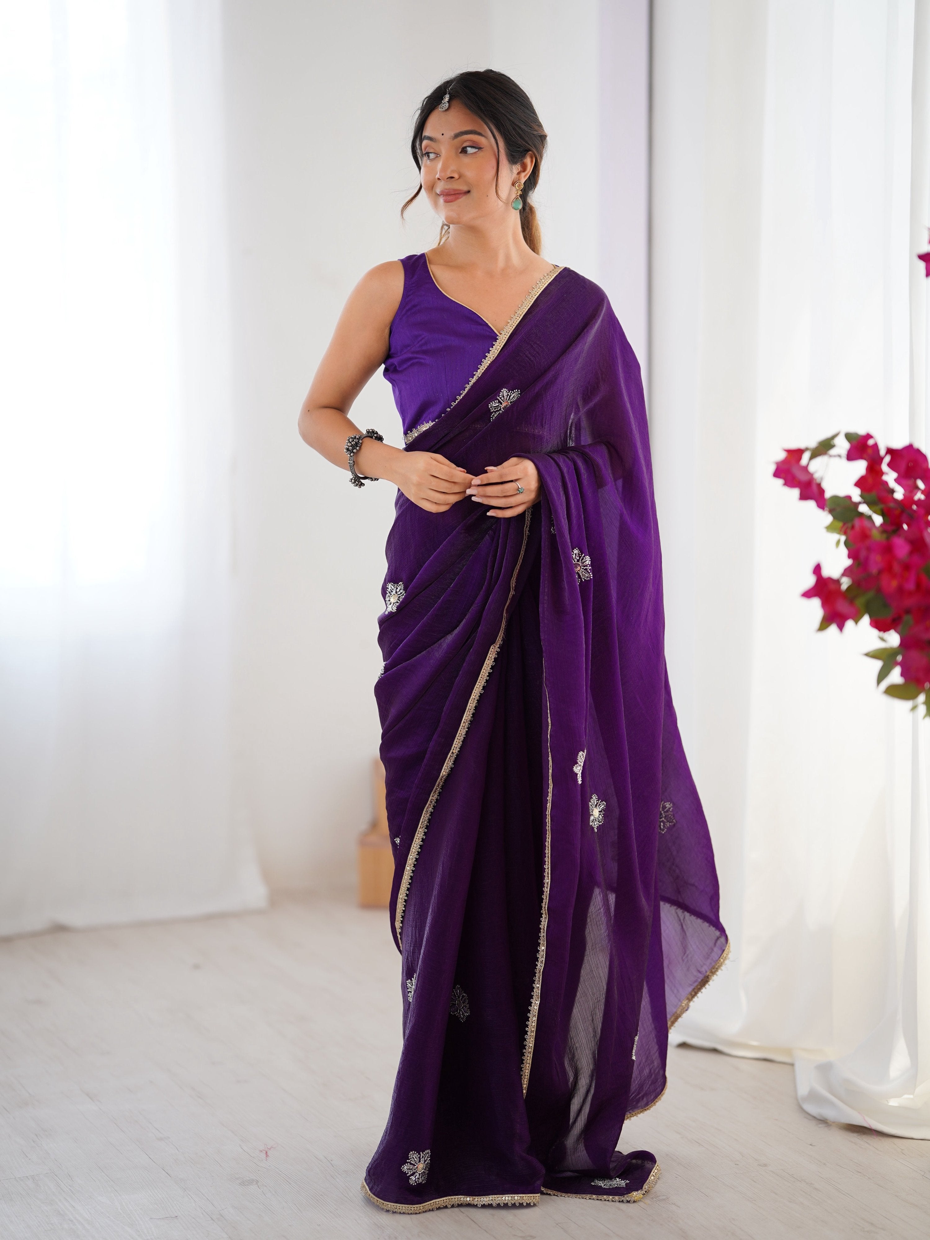 Jyoti Fashion Women's Purple Soft Fendy Embroidered Designer Saree with Blouse - Distacart