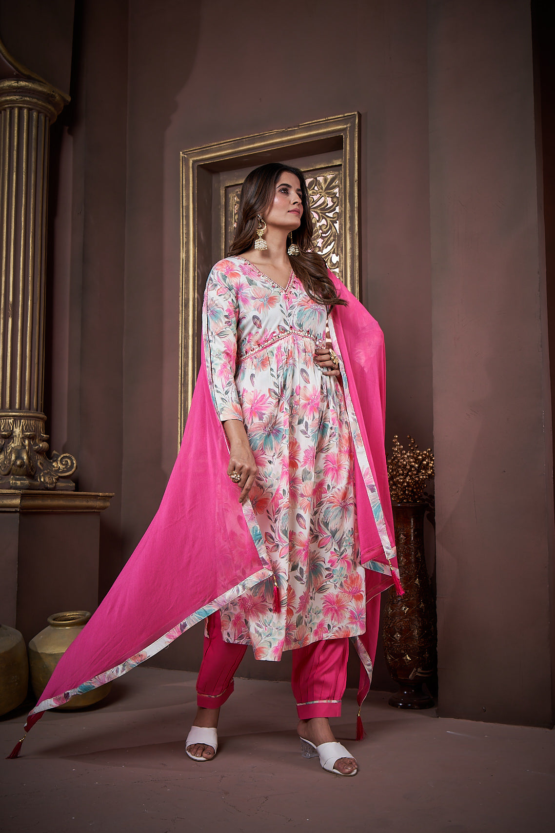 Jyoti Fashion Women's Pink Rayon Floral Print with Handwork Designer Kurta Set with Dupatta