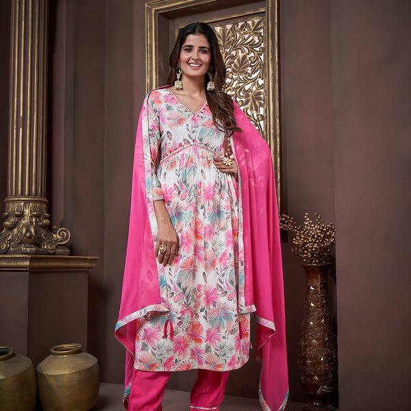 Jyoti Fashion Women's Pink Rayon Floral Print with Handwork Designer Kurta Set with Dupatta