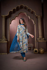 Thumbnail for Jyoti Fashion Women's Navy Blue Rayon Floral Print with Handwork Designer Kurta Set with Dupatta
