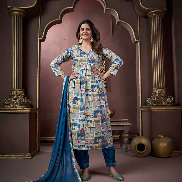 Jyoti Fashion Women's Navy Blue Rayon Floral Print with Handwork Designer Kurta Set with Dupatta