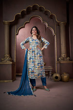 Thumbnail for Jyoti Fashion Women's Navy Blue Rayon Floral Print with Handwork Designer Kurta Set with Dupatta