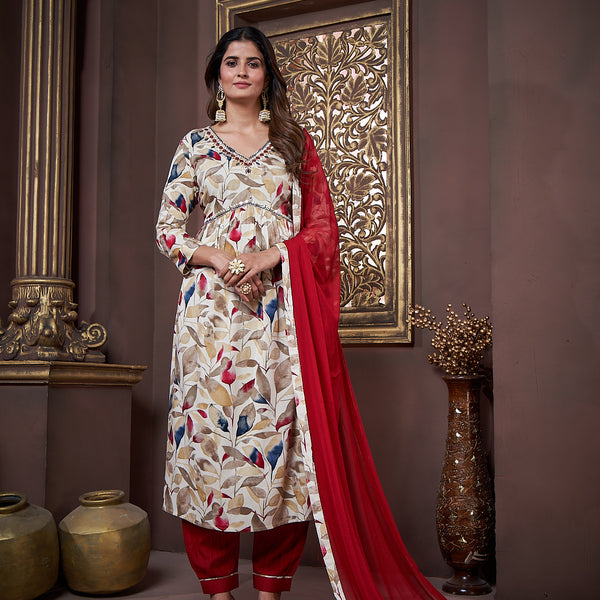 Jyoti Fashion Women's Maroon Rayon Floral Print with Handwork Designer Kurta Set with Dupatta