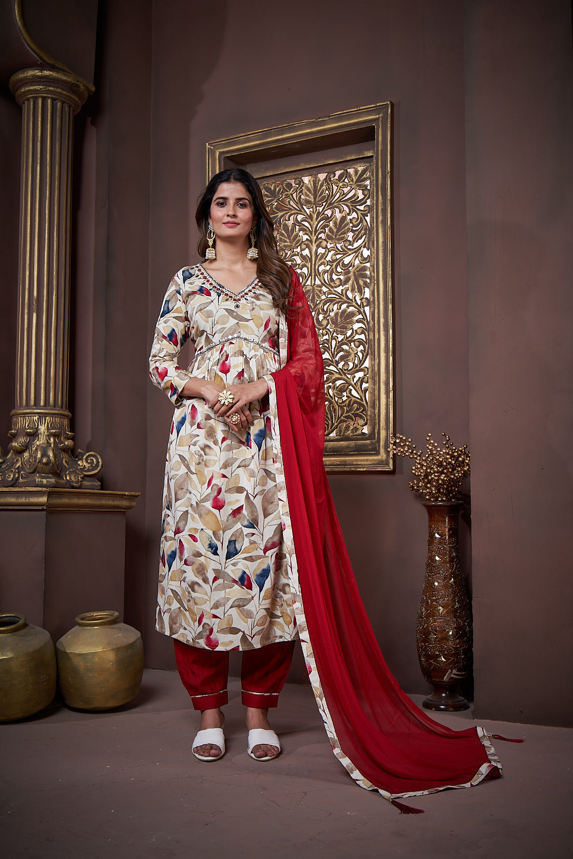 Jyoti Fashion Women's Maroon Rayon Floral Print with Handwork Designer Kurta Set with Dupatta - Distacart
