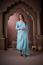 Thumbnail for Jyoti Fashion Women's Sky Blue Rayon Floral Print with Handwork Designer Kurta Set with Dupatta - Distacart