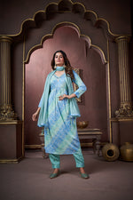 Thumbnail for Jyoti Fashion Women's Sky Blue Rayon Floral Print with Handwork Designer Kurta Set with Dupatta - Distacart