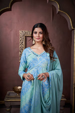 Thumbnail for Jyoti Fashion Women's Sky Blue Rayon Floral Print with Handwork Designer Kurta Set with Dupatta - Distacart