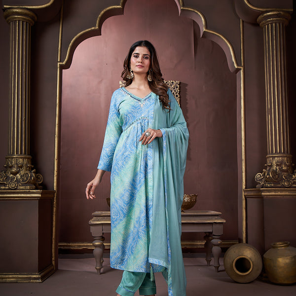 Jyoti Fashion Women's Sky Blue Rayon Floral Print with Handwork Designer Kurta Set with Dupatta - Distacart