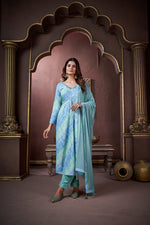 Thumbnail for Jyoti Fashion Women's Sky Blue Rayon Floral Print with Handwork Designer Kurta Set with Dupatta - Distacart