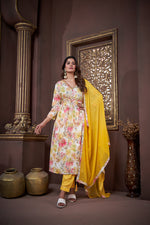 Thumbnail for Jyoti Fashion Women's Yellow Rayon Floral Print with Handwork Designer Kurta Set with Dupatta - Distacart