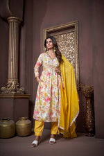 Thumbnail for Jyoti Fashion Women's Yellow Rayon Floral Print with Handwork Designer Kurta Set with Dupatta - Distacart