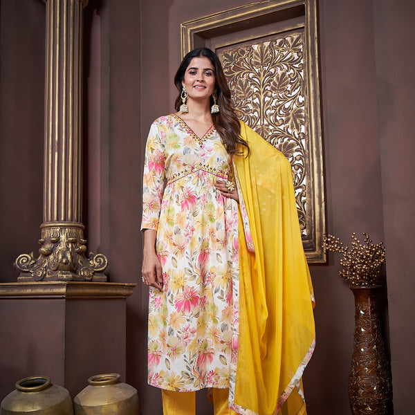 Jyoti Fashion Women's Yellow Rayon Floral Print with Handwork Designer Kurta Set with Dupatta - Distacart