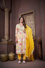 Thumbnail for Jyoti Fashion Women's Yellow Rayon Floral Print with Handwork Designer Kurta Set with Dupatta - Distacart