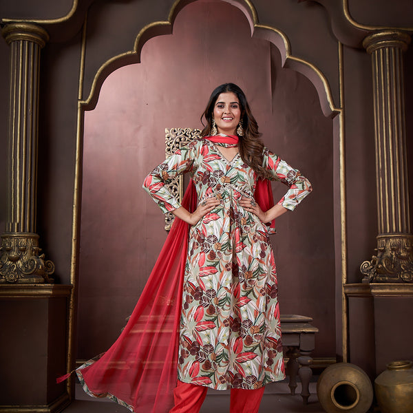 Jyoti Fashion Women's Red Rayon Floral Print with Handwork Designer Kurta Set with Dupatta - Distacart