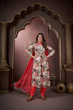 Thumbnail for Jyoti Fashion Women's Red Rayon Floral Print with Handwork Designer Kurta Set with Dupatta - Distacart