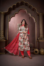Thumbnail for Jyoti Fashion Women's Red Rayon Floral Print with Handwork Designer Kurta Set with Dupatta - Distacart