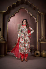 Thumbnail for Jyoti Fashion Women's Red Rayon Floral Print with Handwork Designer Kurta Set with Dupatta - Distacart
