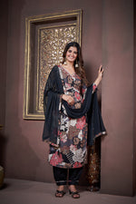Thumbnail for Jyoti Fashion Women's Black Rayon Floral Print with Handwork Designer Kurta Set with Dupatta - Distacart