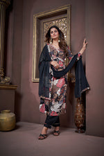 Thumbnail for Jyoti Fashion Women's Black Rayon Floral Print with Handwork Designer Kurta Set with Dupatta - Distacart