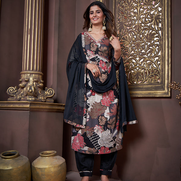 Jyoti Fashion Women's Black Rayon Floral Print with Handwork Designer Kurta Set with Dupatta - Distacart