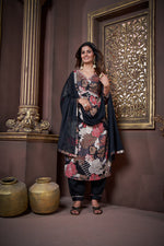 Thumbnail for Jyoti Fashion Women's Black Rayon Floral Print with Handwork Designer Kurta Set with Dupatta - Distacart