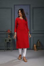 Thumbnail for Jyoti Fashion Women's Red Cotton Handwork Designer Kurta Only - Distacart