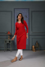 Thumbnail for Jyoti Fashion Women's Red Cotton Handwork Designer Kurta Only - Distacart
