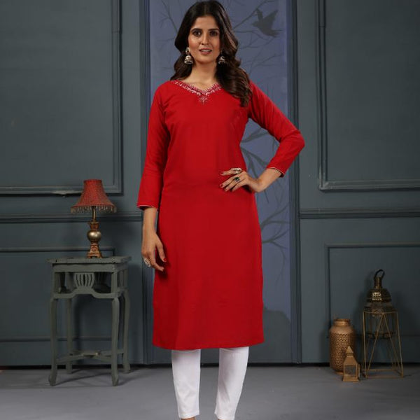 Jyoti Fashion Women's Red Cotton Handwork Designer Kurta Only - Distacart