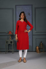 Thumbnail for Jyoti Fashion Women's Red Cotton Handwork Designer Kurta Only - Distacart