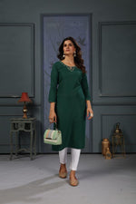 Thumbnail for Jyoti Fashion Women's Green Cotton Handwork Designer Kurta Only - Distacart