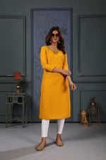 Thumbnail for Jyoti Fashion Women's Yellow Cotton Handwork Designer Kurta Only - Distacart