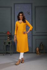 Thumbnail for Jyoti Fashion Women's Yellow Cotton Handwork Designer Kurta Only - Distacart