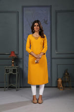 Thumbnail for Jyoti Fashion Women's Yellow Cotton Handwork Designer Kurta Only - Distacart