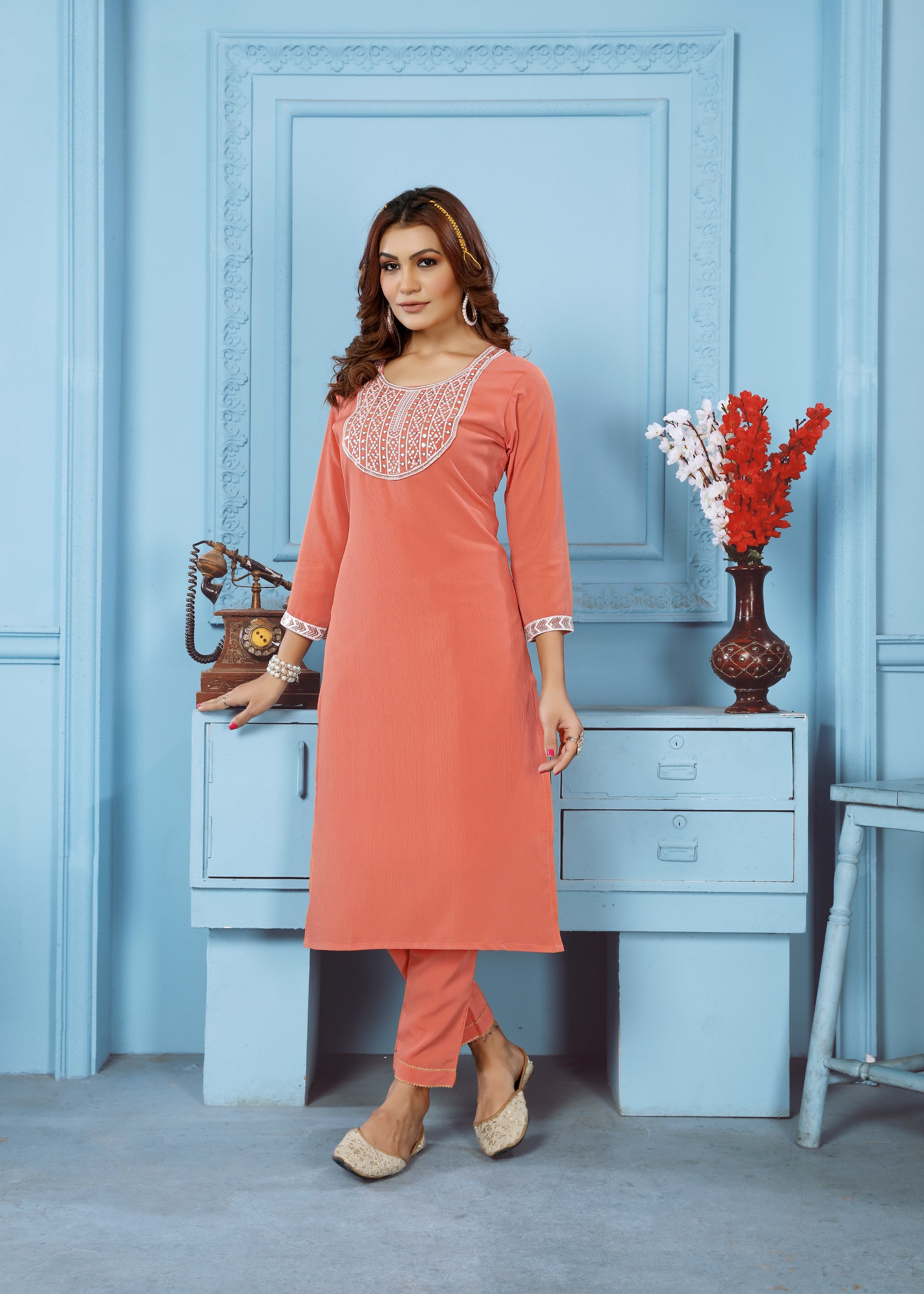 Jyoti Fashion Women's Orange Rinkal Cotton Embroidered Designer Kurta with Bottom - Distacart