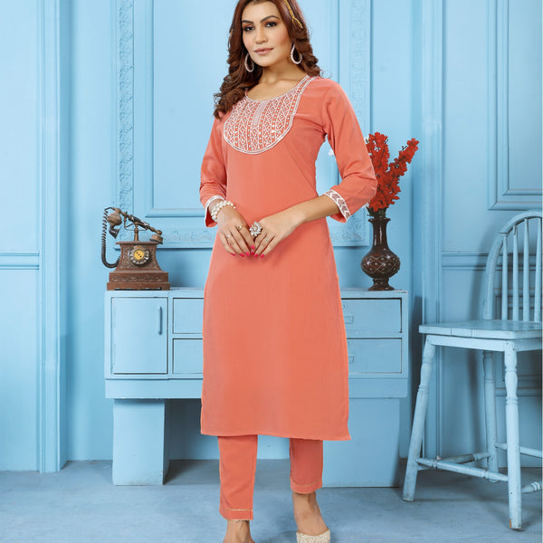 Jyoti Fashion Women's Orange Rinkal Cotton Embroidered Designer Kurta with Bottom - Distacart
