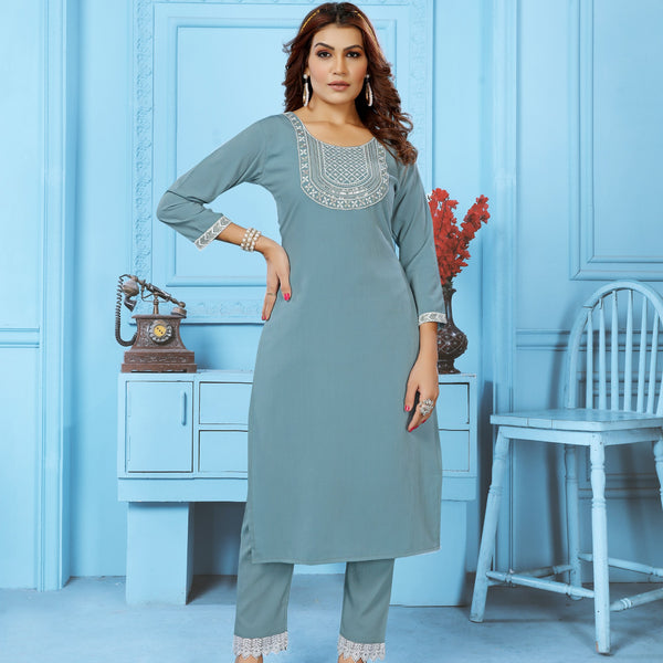 Jyoti Fashion Women's Grey Rinkal Cotton Embroidered Designer Kurta with Bottom - Distacart