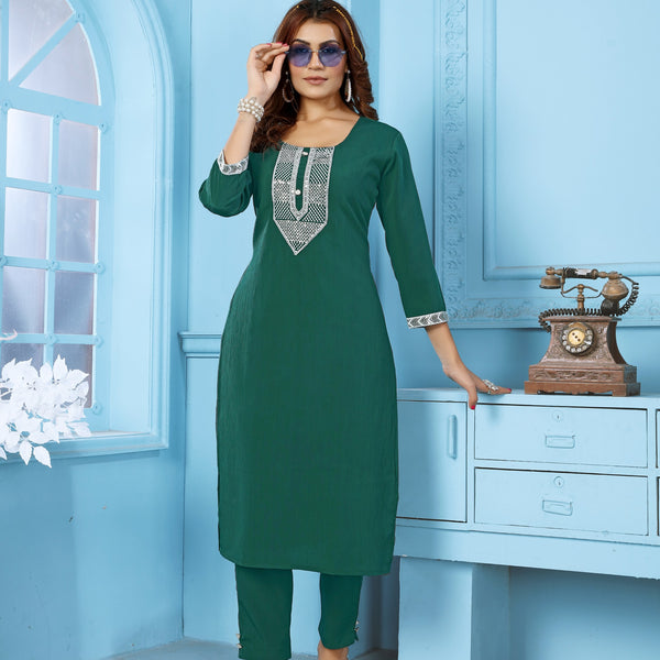 Jyoti Fashion Women's Bottle Green Rinkal Cotton Embroidered Designer Kurta with Bottom - Distacart